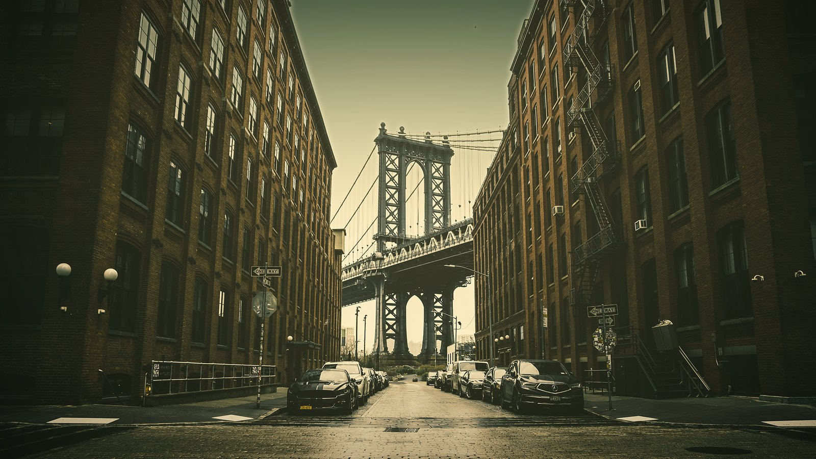 Washington Street in DUMBO, Brooklyn, with the Manhattan Bridge at golden hour